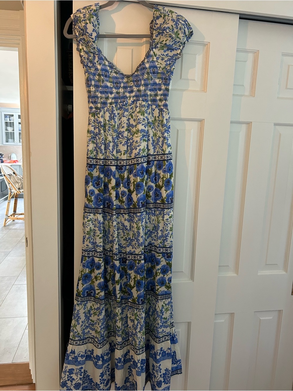 Alice + Olivia White and Blue Floral Smocked Maxi Dress